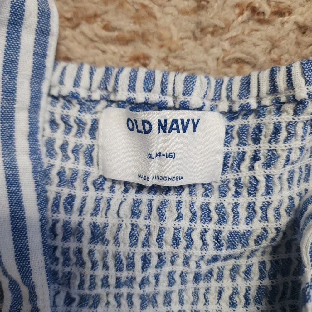 Old Navy Romper Kids XL 14-16 Blue White Striped Linen Blend Smocked Back Pocket